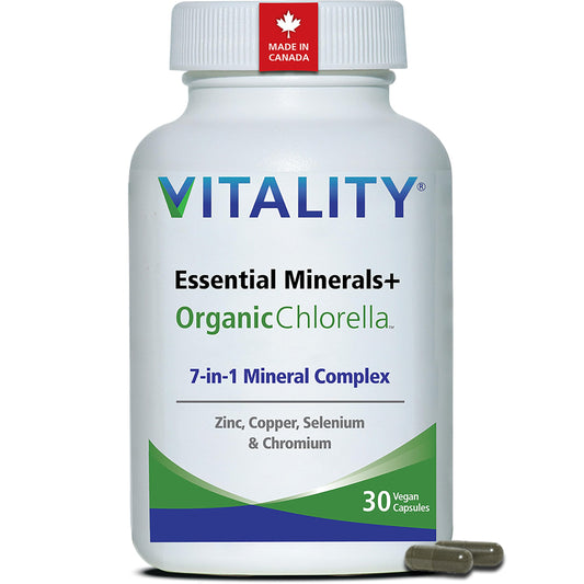 VITALITY Canadian Made 7-in-1 Trace Mineral Complex: Zinc Copper Selenium for Immune Support, Plus Manganese, Chromium & Antioxidant with Organic Chlorella for Thyroid, Energy Support, Vegan 30 Capsules