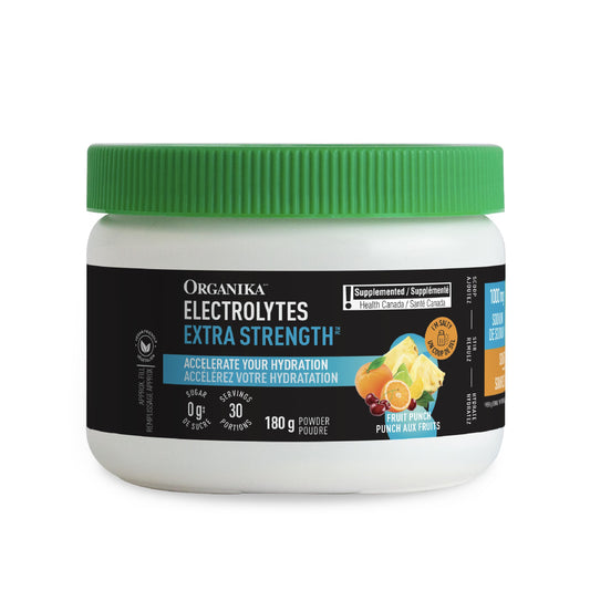 Organika Canadian-Made Electrolytes Extra-Strength Powder- Fruit Punch- High in Sodium for Sports Recovery - Saltier Taste, Sugar-Free Hydration and Electrolyte Replenishment - 180g - 30 servings