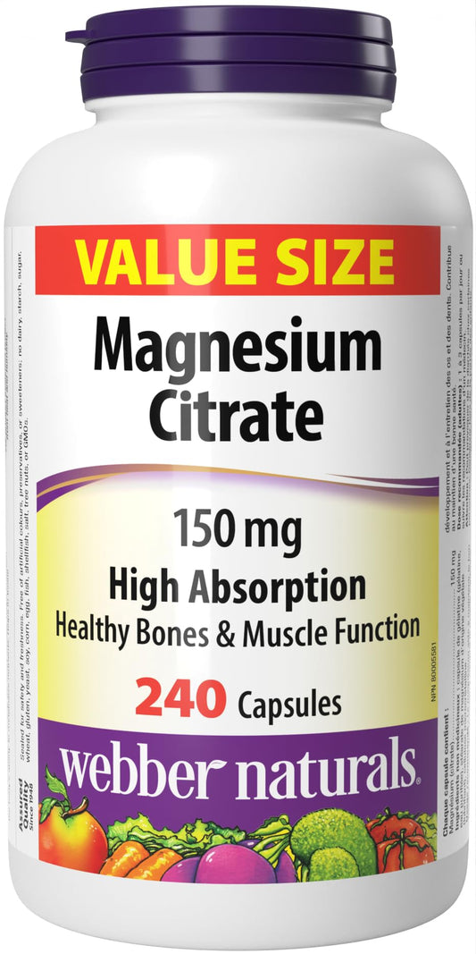 Webber Naturals Magnesium Citrate 150 mg, 240 Capsules, High Absorption Mineral, Supports Bone and Muscle Functions