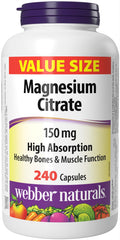 Webber Naturals Magnesium Citrate 150 mg, 240 Capsules, High Absorption Mineral, Supports Bone and Muscle Functions
