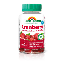 Jamieson Cranberry 10,000 mg Gummies, Cranberry Strawberry Flavour, with Vitamin C and D-Mannose. Provides UTI Protection, Immune Support, Vegetarian, Non-GMO, No Artificial Colours, Flavours, or Preservatives, 60 Count