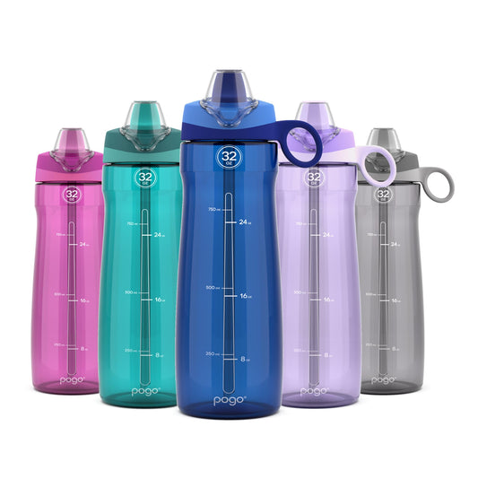 Pogo Tritan Water Bottle with Soft Straw, Blue, 32 Oz.