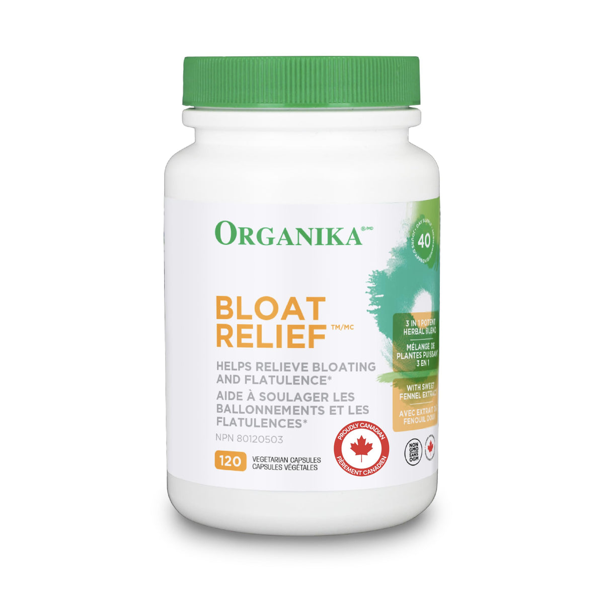 Organika Canadian-Made Bloat Relief- Helps Relieve Bloating and Flatulence- Herbal Blend of Sweet Fennel, Turmeric, and Milk Thistle- Digestive Support- 120vcaps