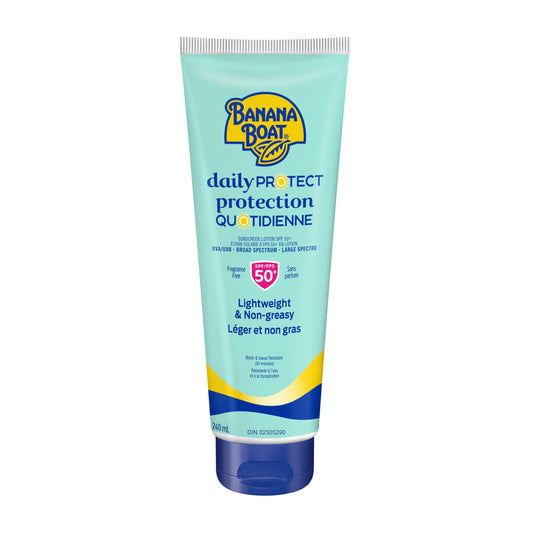 Banana Boat Daily Protect Sunscreen Lotion SPF 50+ Broad Spectrum| Everyday Sunscreen | Lightweight, Fragrance Free, Non-Greasy, Quick Absorbing, Sweat and water resistant, 240mL