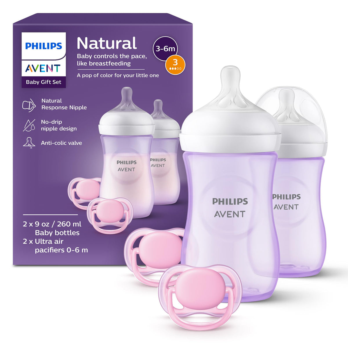 Philips Avent Natural Baby Gift Set, 2x 9oz Bottles with Natural Response Nipples (Medium Flow, Flow 3), 2x Ultra Air Pacifiers, Pink, SCD837/01