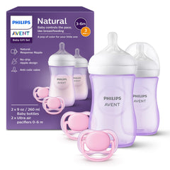 Philips Avent Natural Baby Gift Set, 2x 9oz Bottles with Natural Response Nipples (Medium Flow, Flow 3), 2x Ultra Air Pacifiers, Pink, SCD837/01