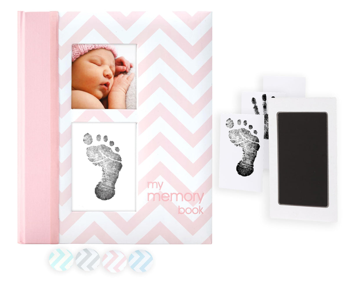 Pearhead Chevron Baby Book with Clean-Touch Ink Pad, Pink