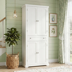 72” Tall Kitchen Cabinet, Pantry Storage Cabinet with 4 Fluted Doors and 6 Door Shelves-White