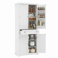 72” Tall Kitchen Cabinet, Pantry Storage Cabinet with 4 Fluted Doors and 6 Door Shelves-White