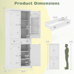 72” Tall Kitchen Cabinet, Pantry Storage Cabinet with 4 Fluted Doors and 6 Door Shelves-White
