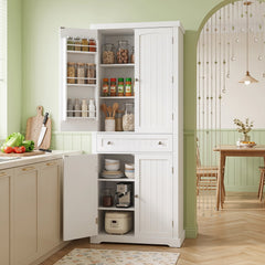 72” Tall Kitchen Cabinet, Pantry Storage Cabinet with 4 Fluted Doors and 6 Door Shelves-White