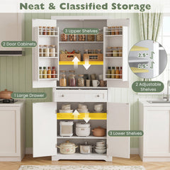 72” Tall Kitchen Cabinet, Pantry Storage Cabinet with 4 Fluted Doors and 6 Door Shelves-White