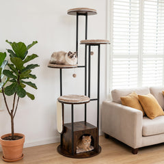 72 Inch Cat Tree with Four Round Platforms, a Wooden Condo and a Metal Frame