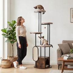 72 Inch Cat Tree with Four Round Platforms, a Wooden Condo and a Metal Frame