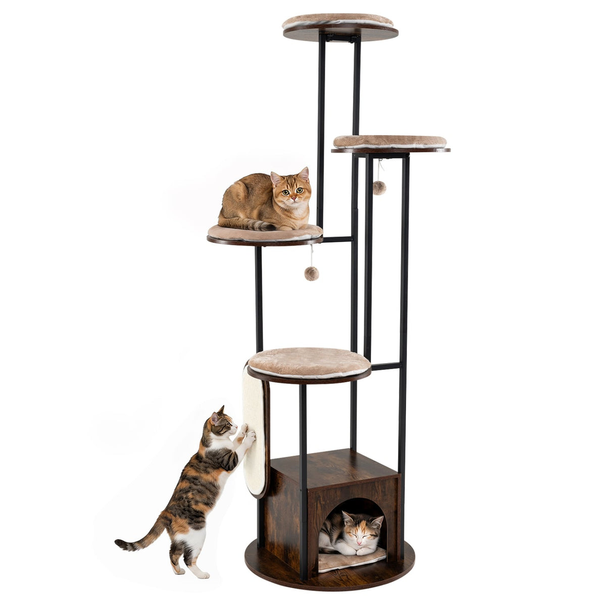 72 Inch Cat Tree with Four Round Platforms, a Wooden Condo and a Metal Frame