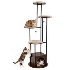 72 Inch Cat Tree with Four Round Platforms, a Wooden Condo and a Metal Frame