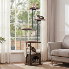 72 Inch Cat Tree with Four Round Platforms, a Wooden Condo and a Metal Frame