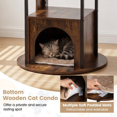 72 Inch Cat Tree with Four Round Platforms, a Wooden Condo and a Metal Frame