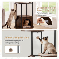 72 Inch Cat Tree with Four Round Platforms, a Wooden Condo and a Metal Frame
