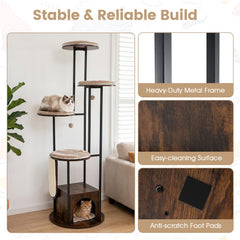 72 Inch Cat Tree with Four Round Platforms, a Wooden Condo and a Metal Frame