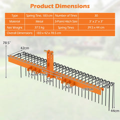 72 inches Pine Straw Rake with 30 Metal Coil Tines for Grass-Orange