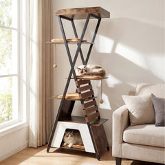 73 Inch Rustic Brown Cat Tree with an X Metal Frame and a Guardrail Perch
