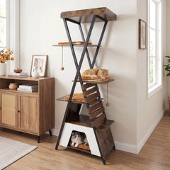 73 Inch Rustic Brown Cat Tree with an X Metal Frame and a Guardrail Perch