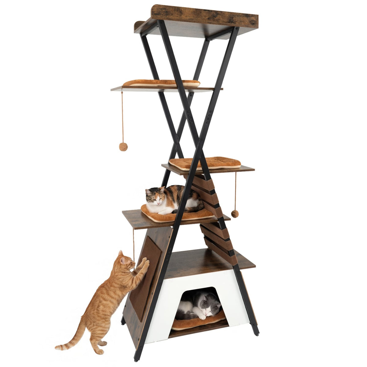 73 Inch Rustic Brown Cat Tree with an X Metal Frame and a Guardrail Perch