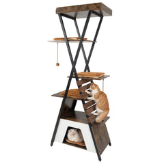 73 Inch Rustic Brown Cat Tree with an X Metal Frame and a Guardrail Perch