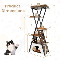 73 Inch Rustic Brown Cat Tree with an X Metal Frame and a Guardrail Perch