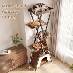 73 Inch Rustic Brown Cat Tree with an X Metal Frame and a Guardrail Perch