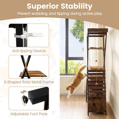 73 Inch Rustic Brown Cat Tree with an X Metal Frame and a Guardrail Perch