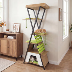 73 Inch Cat Tree on an X Frame with a Railed Perch and a Large Condo