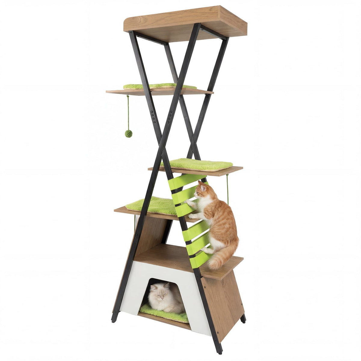 73 Inch Cat Tree on an X Frame with a Railed Perch and a Large Condo