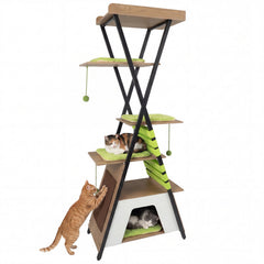 73 Inch Cat Tree on an X Frame with a Railed Perch and a Large Condo