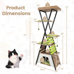 73 Inch Cat Tree on an X Frame with a Railed Perch and a Large Condo