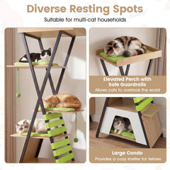 73 Inch Cat Tree on an X Frame with a Railed Perch and a Large Condo