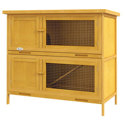 Wood Rabbit Hutch with 2 Large Main House, Ramp, Trays, Grey