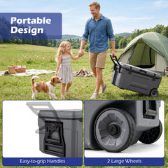 74 Quart Portable Rolling Cooler with Fish Ruler for Outdoor-Gray