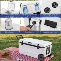 74 Quart Portable Rolling Cooler with Fish Ruler for Outdoor-White