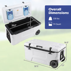 74 Quart Portable Rolling Cooler with Fish Ruler for Outdoor-White