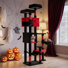 75 Inch Gothic Cat Tree with Two Cat Houses, Two Swivel Baskets and a Hammock