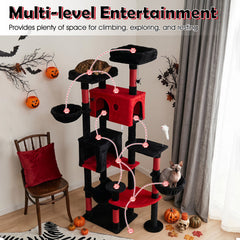 75 Inch Gothic Cat Tree with Two Cat Houses, Two Swivel Baskets and a Hammock