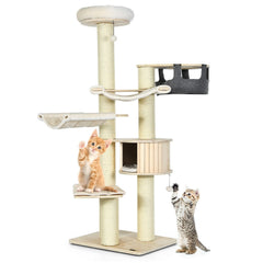 77.5 Inch Cat Tree with a Wooden Condo, Two Hammocks and 6 Inch Posts
