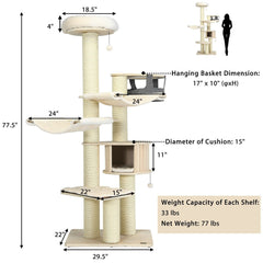 77.5 Inch Cat Tree with a Wooden Condo, Two Hammocks and 6 Inch Posts