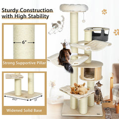 77.5 Inch Cat Tree with a Wooden Condo, Two Hammocks and 6 Inch Posts