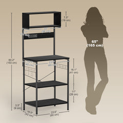 Baker's Rack with Charing Station, Microwave Shelf with Power Outlet, USB Charger and 5 Hooks, Black