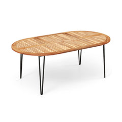 79 Inch Oval Patio Dining Table with Umbrella Hole and Acacia Wood Tabletop for 8 People