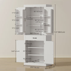72" Kitchen Pantry Cabinet, Farmhouse Kitchen Storage Cabinet with 4 Barn Doors, 6 Door Shelves, Drawer, Black