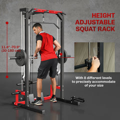 Smith Machine Power Rack with Pull Up Bar, Lat Pull Down System, Landmine, Squat Rack, Barbell Bar, for Home Gym